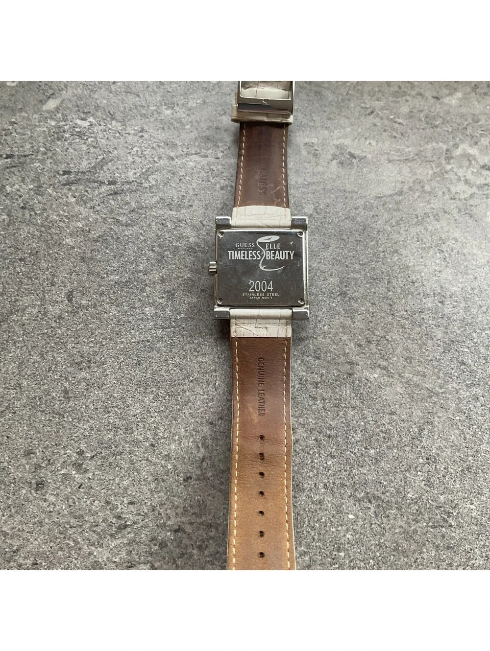 Guess Timeless Elle Beauty 2004 Watch 38mm Silver Tone Case White Leather Band Q